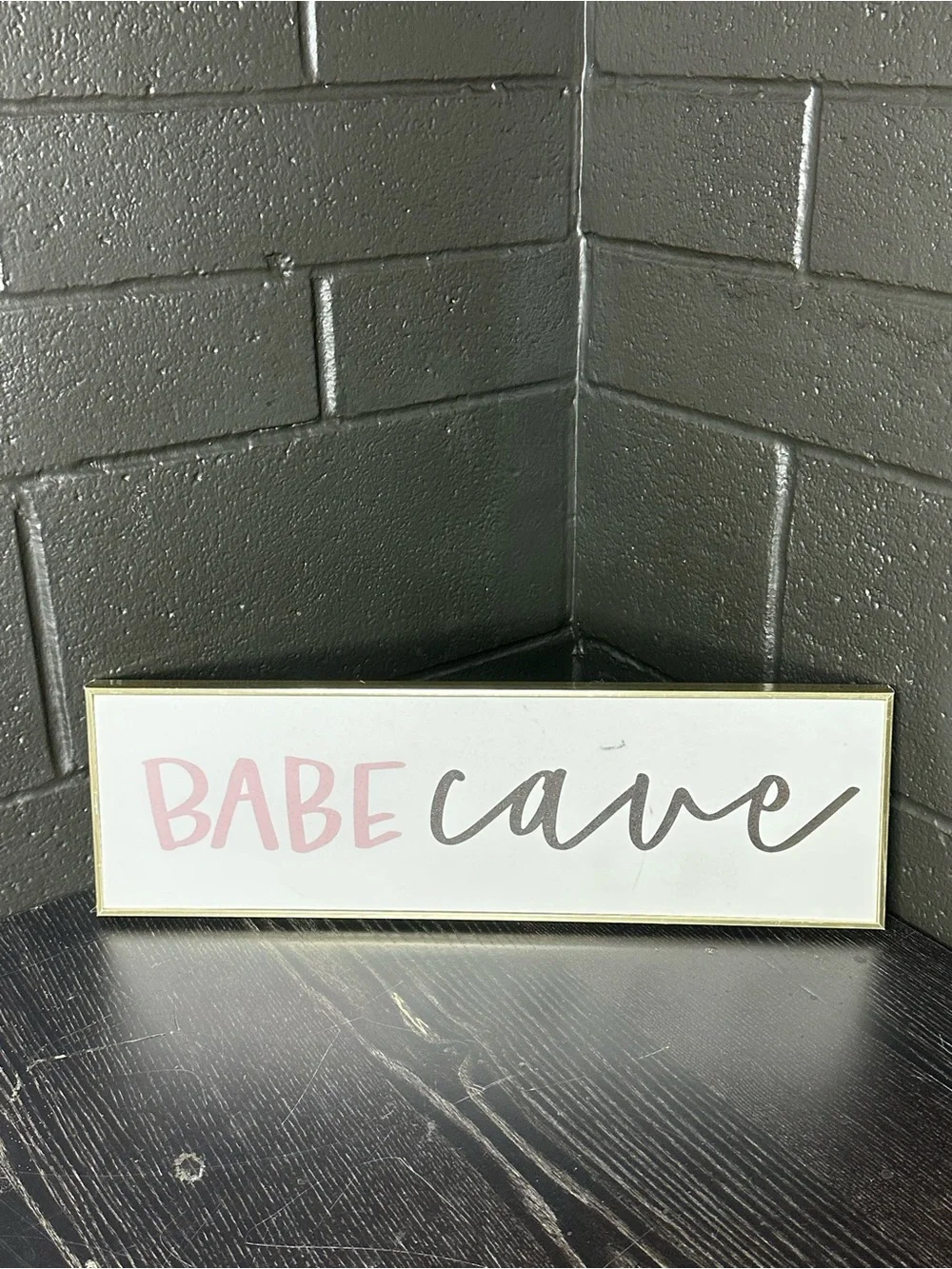 Babe Cave Decorative Sign - Pink & Black Text - Gold Frame 19.5x6